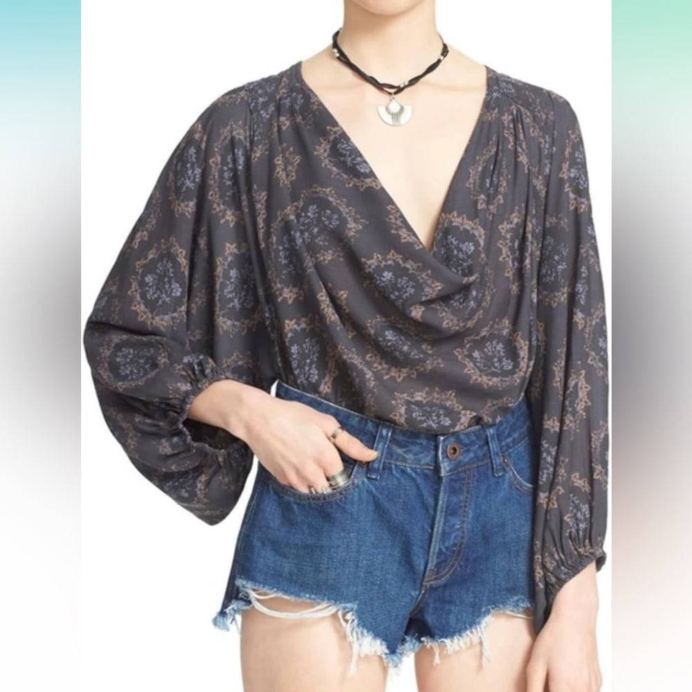 free people peasant blouse m dark gray multicolor floral pattern cowl neck